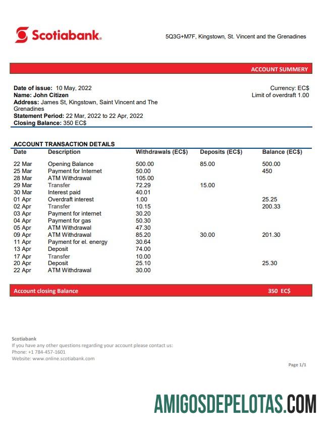 Exemplo de extrato bancário do Scotiabank de São Vicente e Granadinas